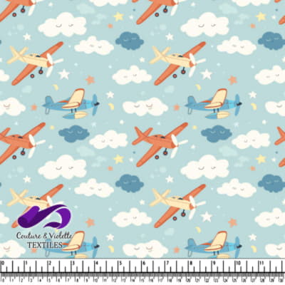 Colorful vintage airplanes flying among smiling clouds and stars on a light blue background