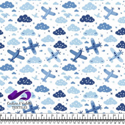 Blue airplanes flying among clouds and stars