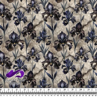 Elegant dark purple irises with cracked beige textured background