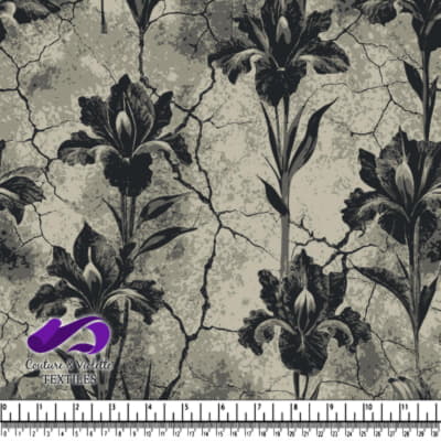 Black floral pattern on cracked gray textured background fabric design