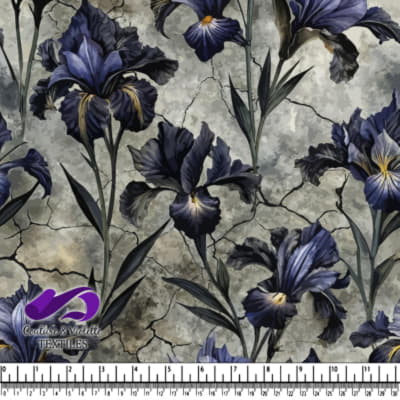 Dark blue iris flowers with long green leaves on a cracked stone background pattern