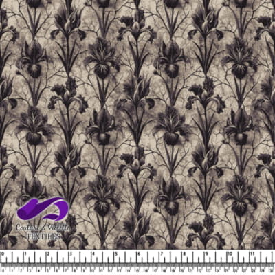 Vintage black and gray iris flower pattern on a cracked texture background