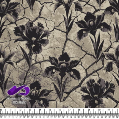 Vintage black floral pattern on cracked textured beige background textile design