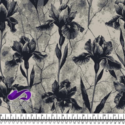 Black and gray floral pattern with iris flowers on a textured background
