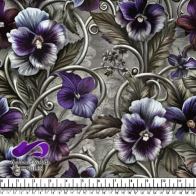 Purple and white pansy floral pattern with swirling leaves