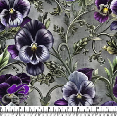 Vintage floral fabric with purple pansy flowers and green leaves