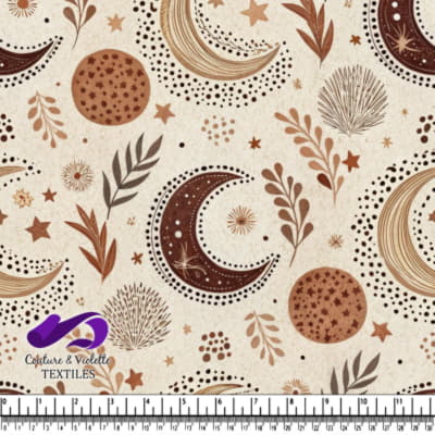 Celestial Pattern with Moons Stars Leaves and Dots in Earth Tones