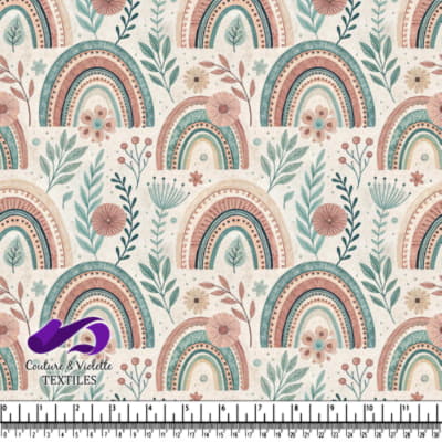 Boho style rainbows and floral leaves pattern in muted pastel color