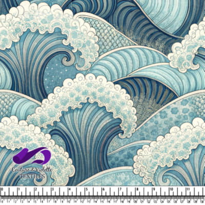 Stylized ocean waves in varying shades of blue with foam and intricate details