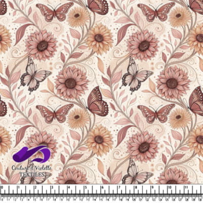 Delicate vintage floral pattern with sunflowers and butterflies in soft warm tones