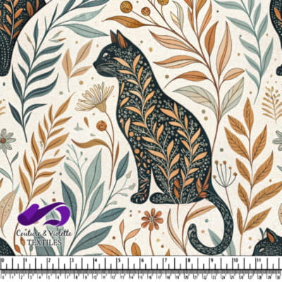 Stylized cat silhouette with intricate floral patterns surrounded by autumn leaves and flowers