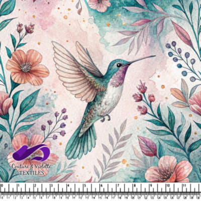 Colorful hummingbird surrounded by pastel flowers and leaves watercolor illustration