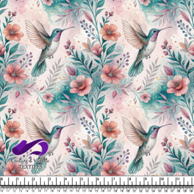 Colorful hummingbird surrounded by pastel flowers and leaves watercolor illustration