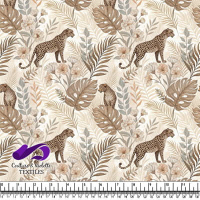 Leopard in tropical foliage pattern in beige and brown tones