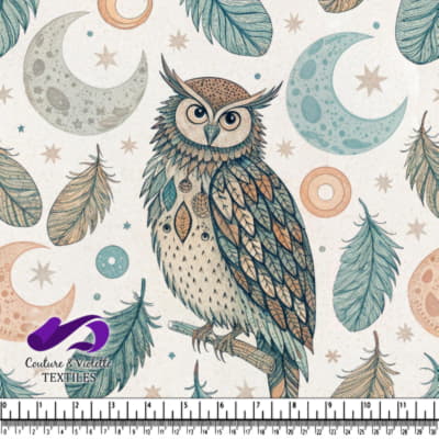Illustrated owl perched on a branch surrounded by feathers moons