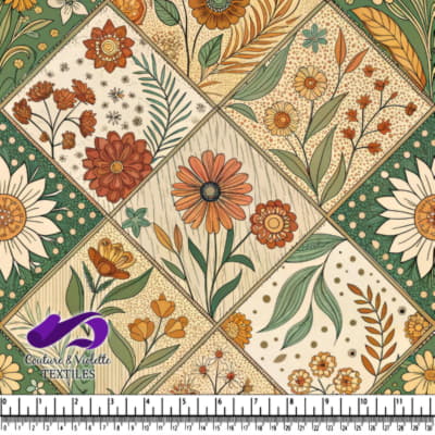 Vintage floral patchwork pattern with orange and green flowers
