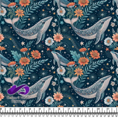 Whale surrounded by flowers and sea elements