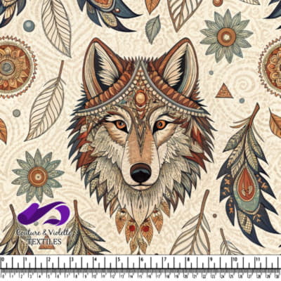 tribal wolf head surrounded by feathers leaves and floral