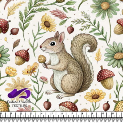 Illustration of a squirrel and flowers mushrooms