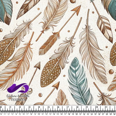 Detailed feathers and arrows in brown teal and copper tones