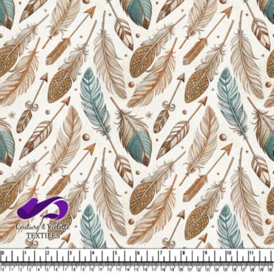 Detailed feathers and arrows in brown teal and copper tones