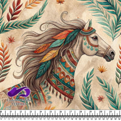 Majestic horse adorned in colorful feathers patterns