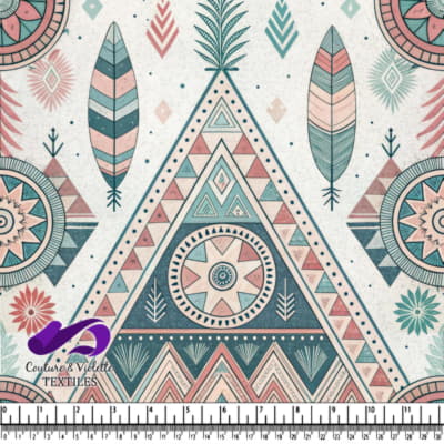 Bohemian tribal pattern with feathers geometric shapes and mandalas in pastel colors