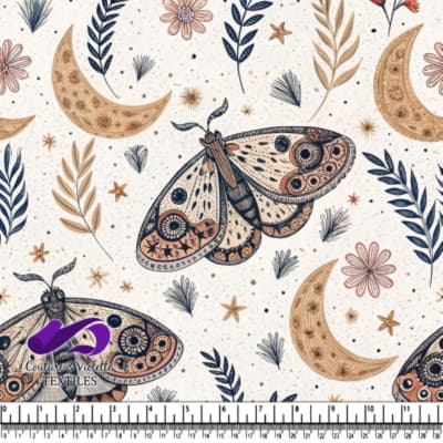 Moths crescent moons stars and botanical illustrations