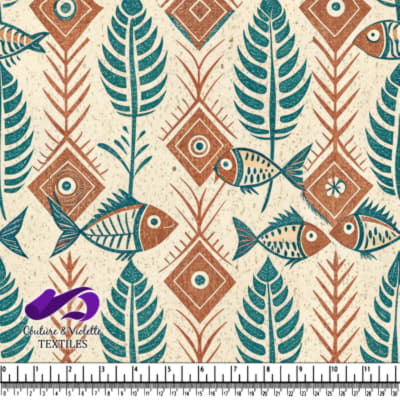 Stylized fish and leaf pattern in teal and brown