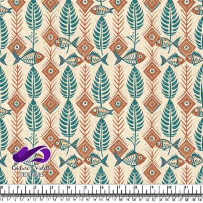 Stylized fish and leaf pattern in teal and brown