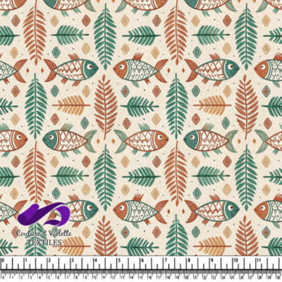 Pattern of colorful fish and stylized leaves