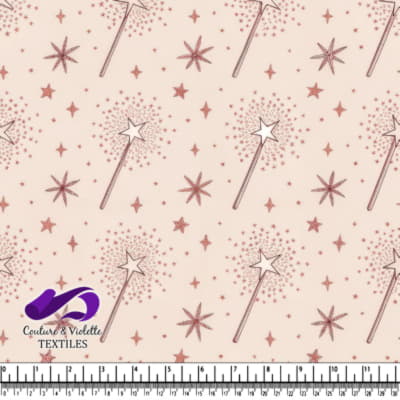 Beige fabric pattern with rose gold magic wands and sparkling stars