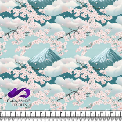 Cherry blossoms in full bloom against a backdrop of mountains