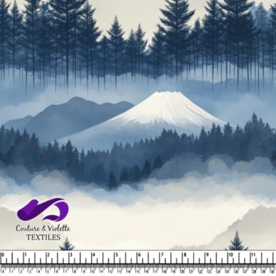 Snow-capped mountain surrounded by layered pine forests and misty fog