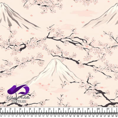 Cherry blossom branches with mountains