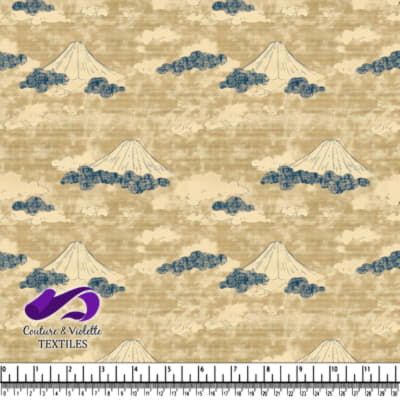 Vintage Mountain Landscape Fabric Pattern with Clouds
