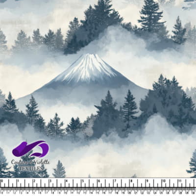 Misty Mountain Landscape with Snowy Peak and Pine Trees