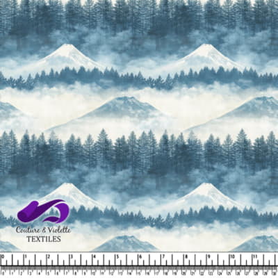 Misty Mountains and Snowy Peaks in a Serene Forest Scene