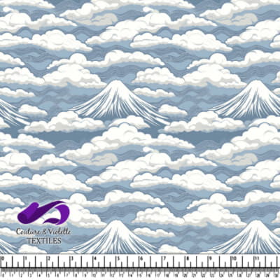 Stylized Mountain and Cloud Pattern on Blue Background Textile