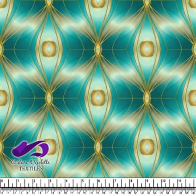 Elegant Teal and Gold Geometric Fabric Pattern