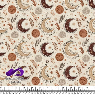 Boho Celestial Moon Stars and Leaves Pattern on Cream Background