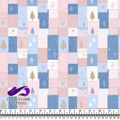Winter Pastel Patchwork Fabric Pattern with Trees and Snowflakes