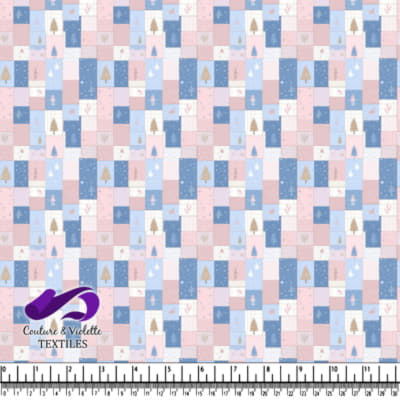 Winter Pastel Patchwork Fabric Pattern with Trees and Snowflakes