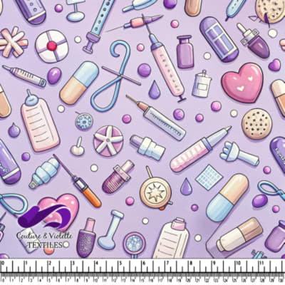 Cute Medical Tools and Pills Pattern on Purple Background