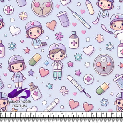 Cute Nurse and Medical Supplies Pattern on Light Blue Background