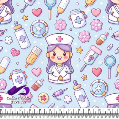 Cute Nurse Medical Cartoon Pattern on Blue Background