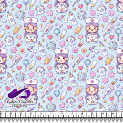 Cute Nurse Medical Cartoon Pattern on Blue Background