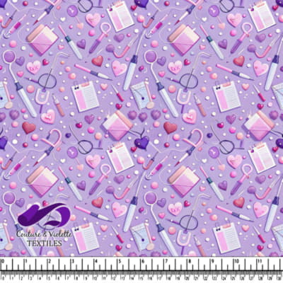 Retro Medical Instruments and Hearts Pattern on Purple Background