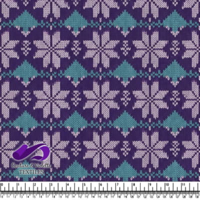 Purple and turquoise snowflake knit fabric pattern