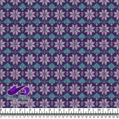 Purple and turquoise snowflake knit fabric pattern